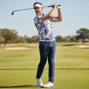 Coby Stevens Mens Large Tropical Palm Tree Golf Polo‎ Shirt Blue Pink UPF 50